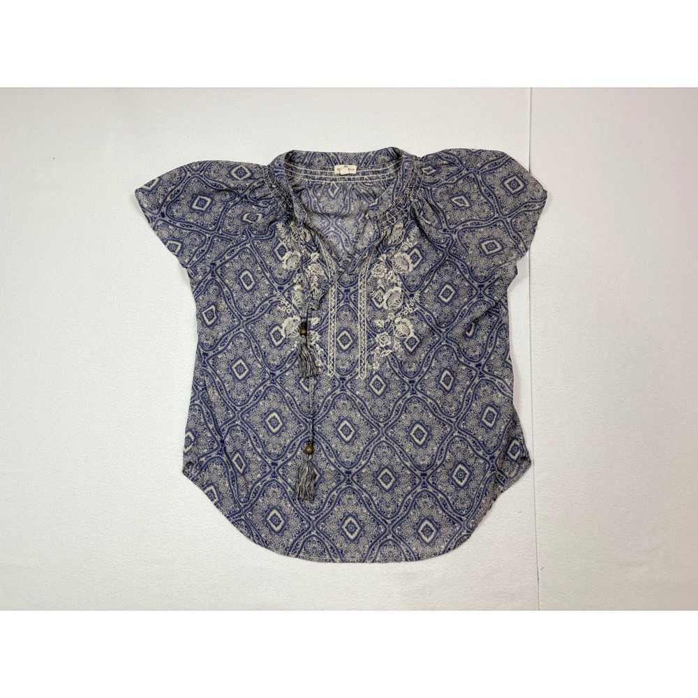 Mason & Belle Blue Boho Embroidered Tassel Flutter Sleeve Blouse Medium JFW5813